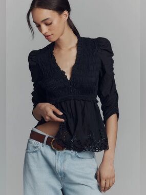 Anthropologie Ruched-Sleeve Smocked Blouse Black Smocked V-Neck Peplum Top